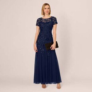 Hand Beaded Short Sleeve Floral Godet Gown In Light Navy by Adrianna Papell